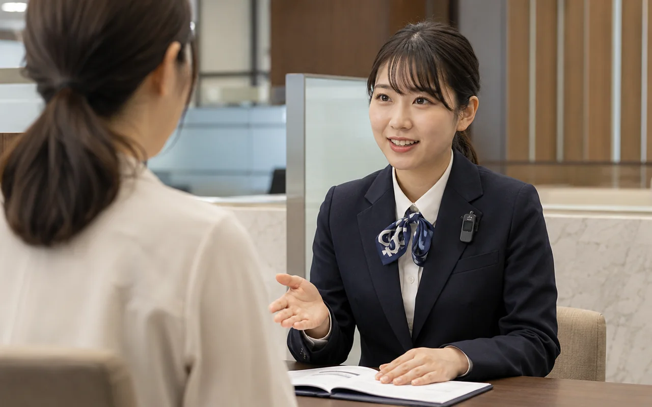 相談窓口で来訪者に応対する職員