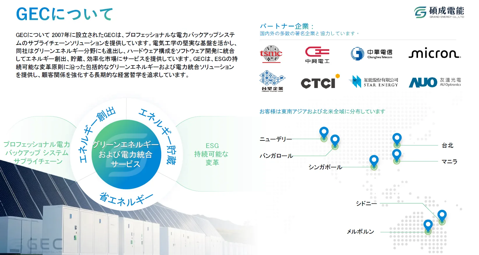 GECの事業領域、パートナー、海外拠点をまとめた会社概要資料